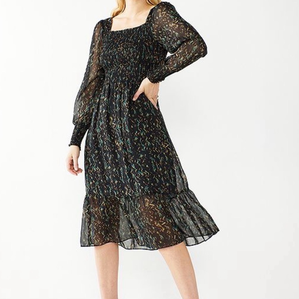 Women's Nine West Long Sleeve Squareneck Smocked Dress New